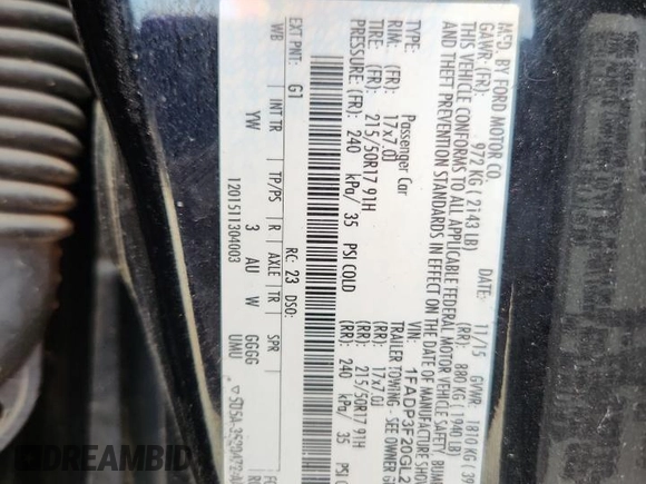 2016 Ford Focus SE with VIN 1FADP3F20GL241854, listed as a Copart auction lot 62314405 with 130,276 mi miles and Clean title. Bid and sale history available at DreamBid. Image 12.