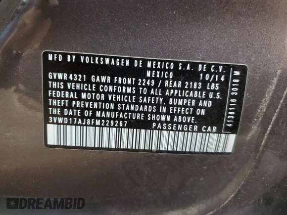 2015 Volkswagen Jetta SE with VIN 3VWD17AJ8FM229267, listed as a Copart auction lot 52338745 with 99,715 mi miles and Non repairable. Bid and sale history available at DreamBid. Image 15.