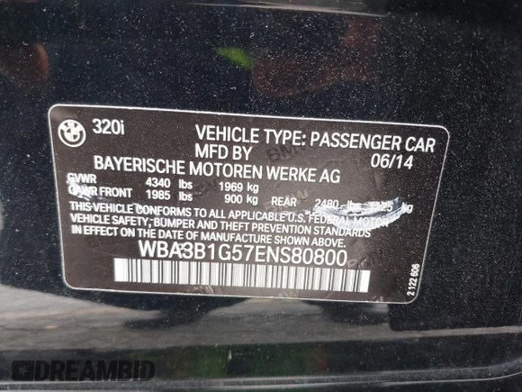 2014 BMW 3 Series 320i with VIN WBA3B1G57ENS80800, listed as a IAAI auction lot 42097683 with 152,924 mi miles. Bid and sale history available at carsss.com. Image 9.