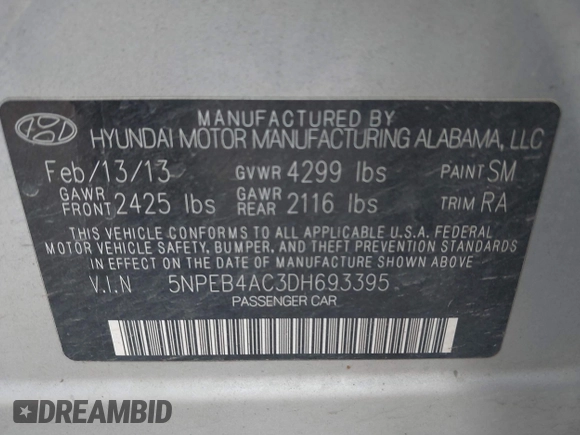 2013 Hyundai Sonata GLS with VIN 5NPEB4AC3DH693395, listed as a IAAI auction lot 40786592 with 147,774 mi miles and . Bid and sale history available at carsss.com. Image 9.