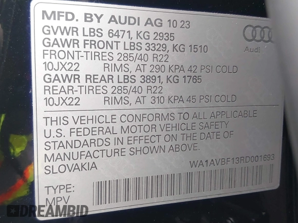 2024 Audi Q8 Premium with VIN WA1AVBF13RD001693, listed as a IAAI auction lot 41461914 with 1,751 mi miles and . Bid and sale history available at DreamBid. Image 9.