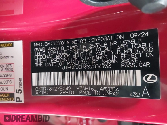 2025 Lexus UX 300h с VIN JTHUCJDH8S2004933, выставлен на аукционе IAAI как лот 41584822 с пробегом 722 миль миль и . История ставок и продаж доступна на DreamBid. Изображение 9.