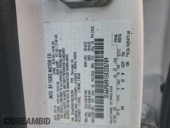 2014 Ford Fusion SE with VIN 3FA6P0H91ER328789, listed as a Copart auction lot 52397655 with 100,469 mi miles and Salvage Title. Bid and sale history available at carsss.com. Image 15.