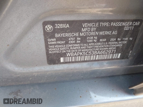 2011 BMW 3 Series 328i xDrive with VIN WBAPK5C53BA662971, listed as a IAAI auction lot 42876485 with 115,715 mi miles and . Bid and sale history available at DreamBid. Image 9.