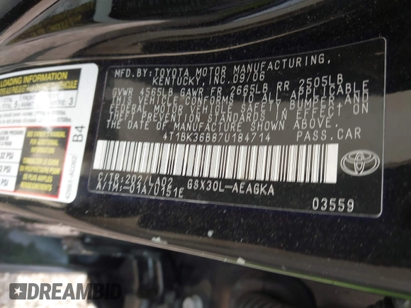 2007 Toyota Avalon XL z VIN 4T1BK36B87U184714, wystawiony jako IAAI lot #42243997 z przebiegiem 165 691 mil mil oraz . Historia ofert i sprzedaży dostępna na DreamBid. Obrazek 9.