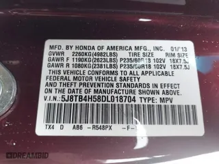 2013 Acura RDX Tech Pkg with VIN 5J8TB4H58DL018704, listed as a IAAI auction lot 41810318 with 134,819 mi miles. Bid and sale history available at carsss.com. Image 9.