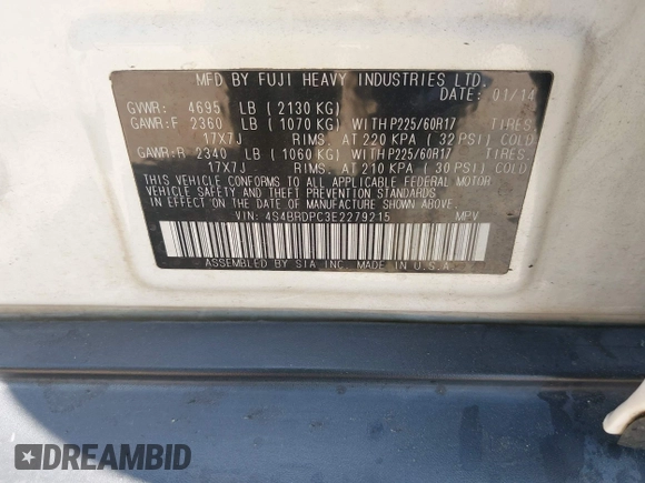 2014 Subaru Outback Limited with VIN 4S4BRDPC3E2279215, listed as a IAAI auction lot 42422247 with 118,678 mi miles and . Bid and sale history available at DreamBid. Image 9.