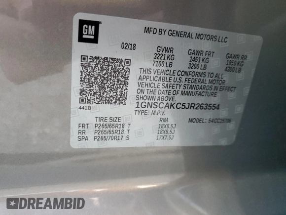 2018 Chevrolet Tahoe LS with VIN 1GNSCAKC5JR263554, listed as a Copart auction lot 48632805 with 87,445 mi miles and Salvage title. Bid and sale history available at DreamBid. Image 16.