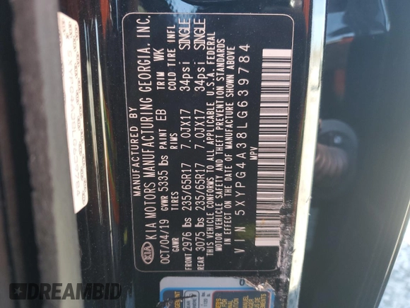 2020 Kia Sorento L with VIN 5XYPG4A38LG639784, listed as a Copart auction lot 46235825 with 234,048 mi miles and Salvage Title. Bid and sale history available at DreamBid. Image 15.