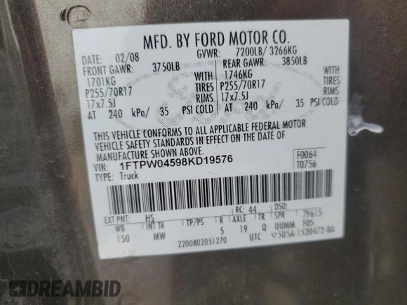 2008 Ford F-150 XLT with VIN 1FTPW04598KD19576, listed as a Copart auction lot 44757745 with 0 mi miles and Salvage Title. Bid and sale history available at carsss.com. Image 12.