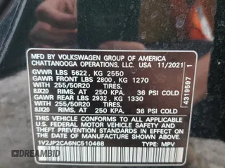 2022 Volkswagen Atlas SE with VIN 1V2JP2CA6NC510468, listed as a Copart auction lot 50455315 with 42,009 mi miles and Salvage title. Bid and sale history available at DreamBid. Image 14.