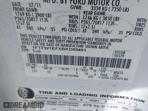 2011 Ford F-150 XL with VIN 1FTFW1EFXBKD89491, listed as a IAAI auction lot 41479190 with 242,797 mi miles. Bid and sale history available at carsss.com. Image 9.