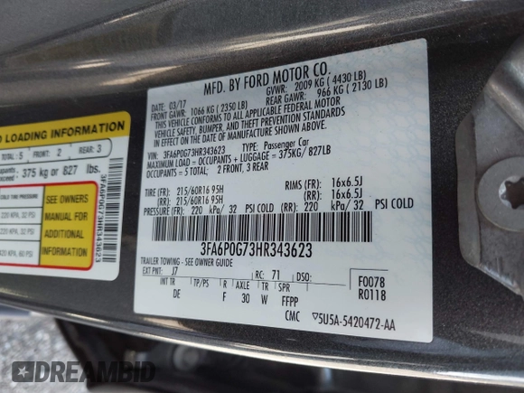 2017 Ford Fusion S with VIN 3FA6P0G73HR343623, listed as a IAAI auction lot 41957903 with 100,544 mi miles. Bid and sale history available at carsss.com. Image 9.