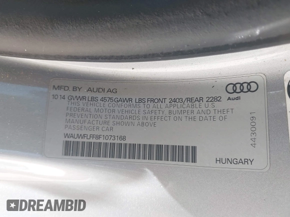 2015 Audi A3 with VIN WAUWFLFF8F1073168, listed as a IAAI auction lot 42523908 with 93,421 mi miles and . Bid and sale history available at DreamBid. Image 9.