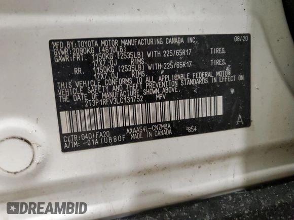 2020 Toyota RAV4 XLE with VIN 2T3P1RFV3LC131752, listed as a Copart auction lot 47188525 with 166,586 mi miles and Salvage Title. Bid and sale history available at DreamBid. Image 14.