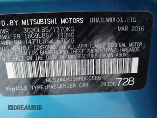 2017 Mitsubishi Mirage SE z VIN ML32A4HJ9HH006566, wystawiony jako IAAI lot #41928335 z przebiegiem 80 424 mil mil oraz . Historia ofert i sprzedaży dostępna na DreamBid. Obrazek 9.