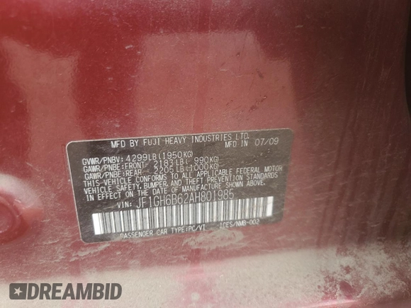 2010 Subaru Impreza i Premium with VIN JF1GH6B62AH801985, listed as a Copart auction lot 55297645 with 94,854 mi miles and Salvage title. Bid and sale history available at DreamBid. Image 13.