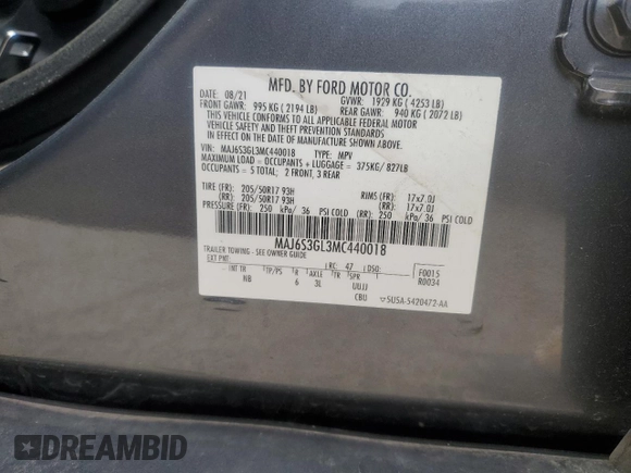 2021 Ford EcoSport SE with VIN MAJ6S3GL3MC440018, listed as a Copart auction lot 47385495 with 40,417 mi miles and Salvage title. Bid and sale history available at DreamBid. Image 12.