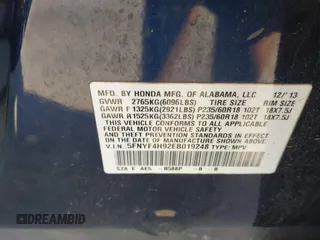 2014 Honda Pilot Touring with VIN 5FNYF4H92EB019248, listed as a IAAI auction lot 41942963 with 136,183 mi miles and . Bid and sale history available at carsss.com. Image 9.