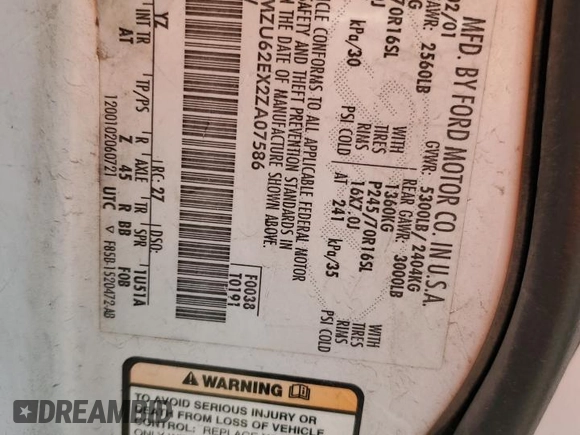2002 Ford Explorer XLS with VIN 1FMZU62EX2ZA07586, listed as a Copart auction lot 58059385 with 260,091 mi miles and Salvage title. Bid and sale history available at DreamBid. Image 13.