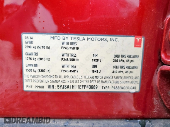 2014 Tesla Model S 60 with VIN 5YJSA1H11EFP43669, listed as a Copart auction lot 62368605 with Not provided miles and Salvage title. Bid and sale history available at DreamBid. Image 13.