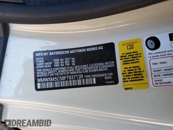 2015 MINI Hardtop with VIN WMWXM5C58FT937139, listed as a Copart auction lot 50936225 with 44,826 mi miles and Salvage Title. Bid and sale history available at DreamBid. Image 12.