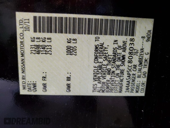 2012 Nissan Maxima S with VIN 1N4AA5AP5CC808038, listed as a Copart auction lot 57491955 with 160,869 mi miles and Salvage title. Bid and sale history available at DreamBid. Image 13.