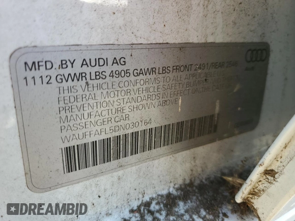 2013 Audi A4 Premium Plus with VIN WAUFFAFL5DN030164, listed as a Copart auction lot 49625434 with 99,485 mi miles and Clean title. Bid and sale history available at DreamBid. Image 12.
