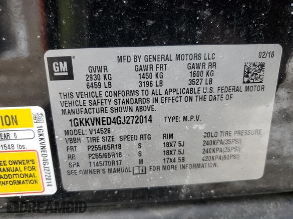 2016 GMC Acadia SLE with VIN 1GKKVNED4GJ272014, listed as a Copart auction lot 43638005 with 71,736 mi miles and Salvage title. Bid and sale history available at DreamBid. Image 13.