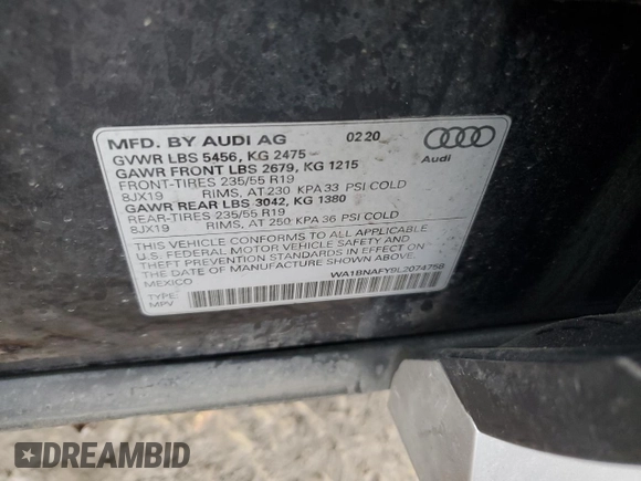 2020 Audi Q5 Premium Plus with VIN WA1BNAFY9L2074758, listed as a Copart auction lot 48193075 with 87,102 mi miles and Salvage Title. Bid and sale history available at carsss.com. Image 15.