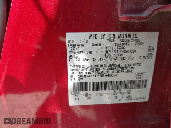 2011 Ford Edge Limited with VIN 2FMDK3KC6BBA60608, listed as a IAAI auction lot 42631644 with 283,480 mi miles and . Bid and sale history available at DreamBid. Image 9.