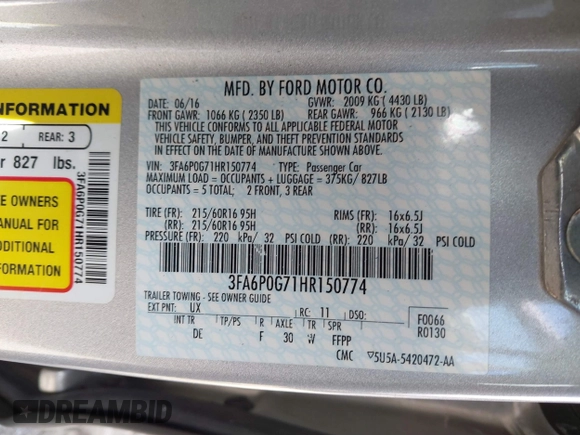 2017 Ford Fusion S with VIN 3FA6P0G71HR150774, listed as a IAAI auction lot 41847045 with 97,599 mi miles. Bid and sale history available at carsss.com. Image 9.