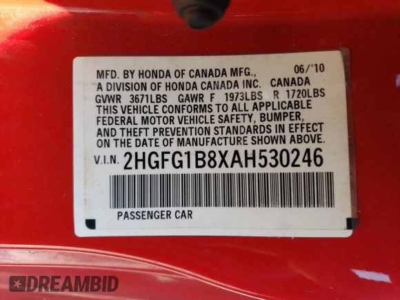 2010 Honda Civic Cpe EX with VIN 2HGFG1B8XAH530246, listed as a Copart auction lot 72376334 with 169,887 mi miles and Clean Title. Bid and sale history available at carsss.com. Image 13.