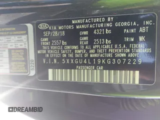 2019 Kia Optima EX with VIN 5XXGU4L19KG307229, listed as a IAAI auction lot 42159106 with 42,412 mi miles. Bid and sale history available at carsss.com. Image 9.