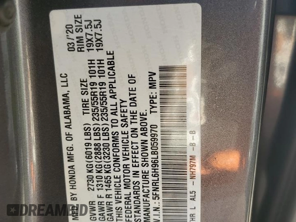 2020 Honda Odyssey Elite with VIN 5FNRL6H96LB059970, listed as a Copart auction lot 89288395 with 56,971 mi miles and Salvage Title. Bid and sale history available at DreamBid. Image 13.