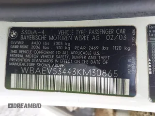 2003 BMW 3 Series 330i with VIN WBAEV53443KM30865, listed as a IAAI auction lot 42027481 with 1 mi miles. Bid and sale history available at carsss.com. Image 9.
