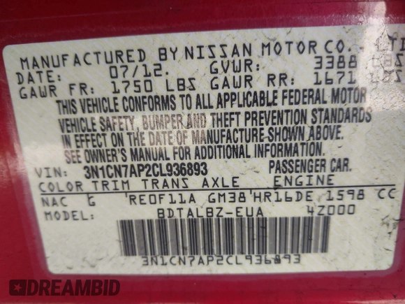 2012 Nissan Versa SL with VIN 3N1CN7AP2CL936893, listed as a IAAI auction lot 41794791 with 134,906 mi miles. Bid and sale history available at carsss.com. Image 9.