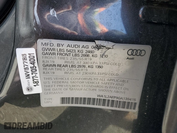 2016 Audi Q5 Premium Plus with VIN WA1L2AFP9GA139415, listed as a Copart auction lot 50658875 with 83,774 mi miles and Salvage Title. Bid and sale history available at carsss.com. Image 14.