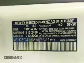 2021 Mercedes-Benz A 220 with VIN W1K3G4EB6MJ267160, listed as a IAAI auction lot 41773204 with 56,827 mi miles and . Bid and sale history available at DreamBid. Image 9.