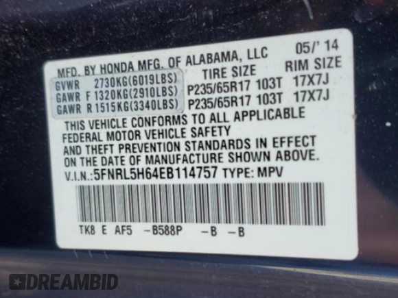2014 Honda Odyssey EX-L with VIN 5FNRL5H64EB114757, listed as a Copart auction lot 48129915 with 136,822 mi miles and Salvage Title. Bid and sale history available at DreamBid. Image 14.
