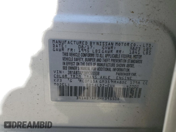 2017 Nissan Sentra SV z VIN 3N1AB7AP3HY395508, wystawiony jako Copart lot #49836395 z przebiegiem 69 827 mil mil oraz Szkoda całkowita • Salvage title. Historia ofert i sprzedaży dostępna na DreamBid. Obrazek 12.