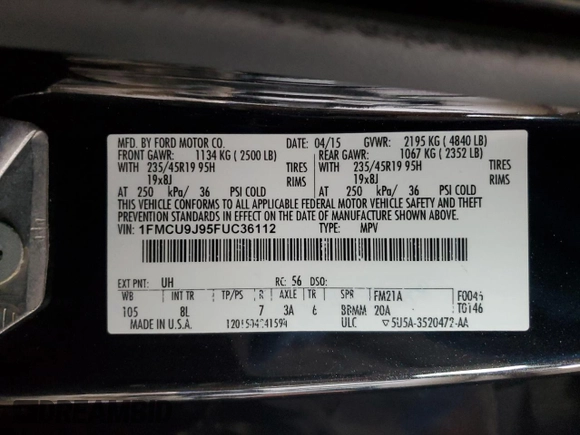 2015 Ford Escape Titanium with VIN 1FMCU9J95FUC36112, listed as a Copart auction lot 61374015 with 111,041 mi miles and Salvage title. Bid and sale history available at DreamBid. Image 13.