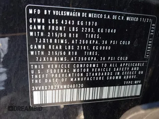 2022 Volkswagen Taos SE z VIN 3VVRX7B2XNM040120, wystawiony jako IAAI lot #41858923 z przebiegiem 35 341 mil mil oraz . Historia ofert i sprzedaży dostępna na DreamBid. Obrazek 9.
