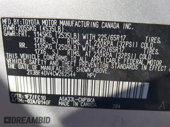 2012 Toyota RAV4 with VIN 2T3BF4DV4CW262544, listed as a IAAI auction lot 41874393 with 91,500 mi miles. Bid and sale history available at carsss.com. Image 9.