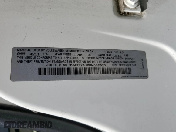 2011 Volkswagen Jetta SE with VIN 3VWDZ7AJ0BM052023, listed as a Copart auction lot 59148675 with 132,303 mi miles and Salvage title. Bid and sale history available at DreamBid. Image 12.
