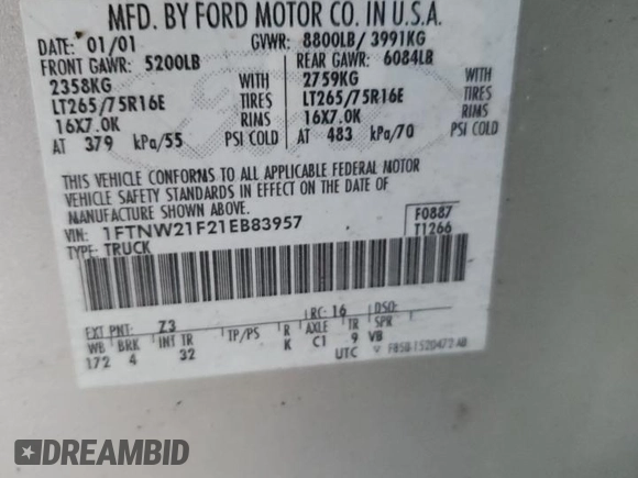 2001 Ford F-250 XL with VIN 1FTNW21F21EB83957, listed as a Copart auction lot 61602715 with 205,738 mi miles and Salvage title. Bid and sale history available at DreamBid. Image 12.