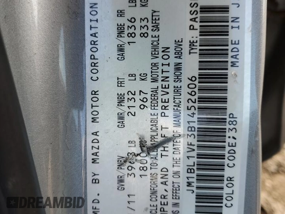 2011 Mazda 3 i Touring with VIN JM1BL1VF3B1452606, listed as a Copart auction lot 46803575 with 159,206 mi miles and Salvage Title. Bid and sale history available at carsss.com. Image 12.