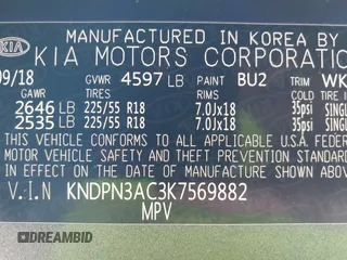 2019 Kia Sportage EX with VIN KNDPN3AC3K7569882, listed as a IAAI auction lot 42094311 with 67,816 mi miles and . Bid and sale history available at DreamBid. Image 9.