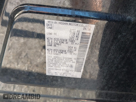 2016 Nissan Pathfinder S with VIN 5N1AR2MN6GC650242, listed as a IAAI auction lot 42284603 with 134,627 mi miles and . Bid and sale history available at DreamBid. Image 9.