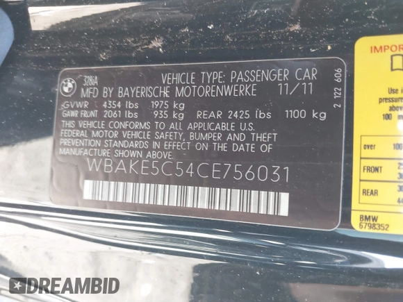 2012 BMW 3 Series 328i with VIN WBAKE5C54CE756031, listed as a IAAI auction lot 41667753 with 100,415 mi miles and . Bid and sale history available at carsss.com. Image 9.